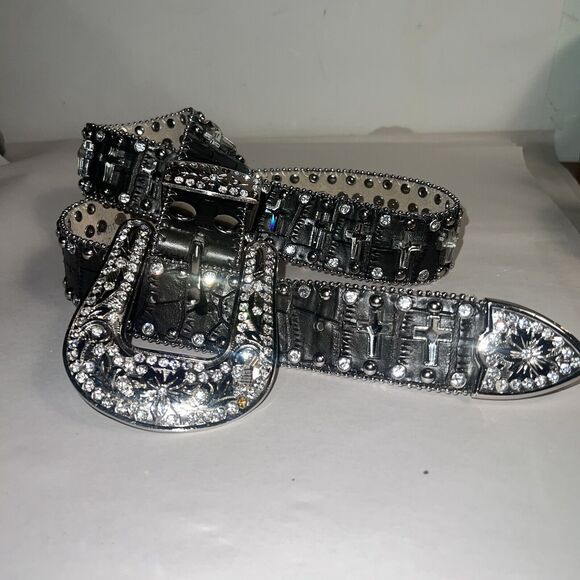 Western Rhinestone SM Bling Belt Crosses BlackRhinestone Buckle 29 Crosses
